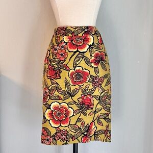LOFT Green & Red Floral Pattern Tapestry Pencil Skirt, Cotton, Size 2